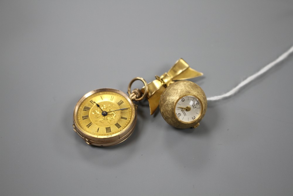 A gilt metal Sica globe manual wind fob watch, on a 9ct ribbon suspension brooch and a continental 9k fob watch.